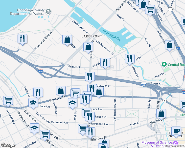map of restaurants, bars, coffee shops, grocery stores, and more near 806 North Geddes Street in Syracuse