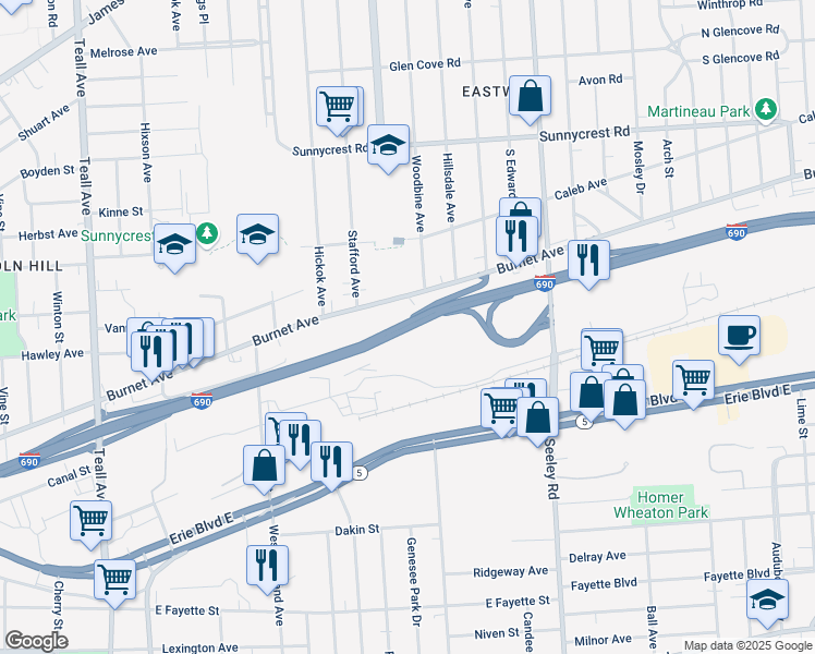 map of restaurants, bars, coffee shops, grocery stores, and more near Interstate 690 in Syracuse