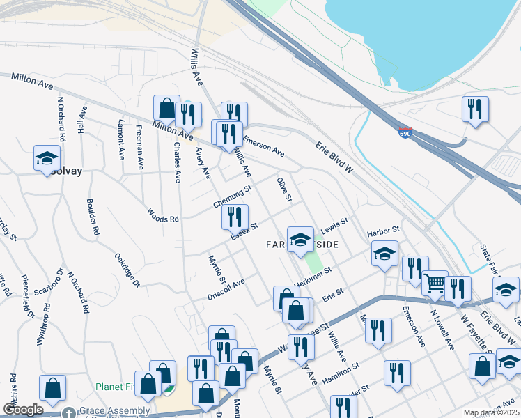 map of restaurants, bars, coffee shops, grocery stores, and more near 1007 Willis Avenue in Syracuse