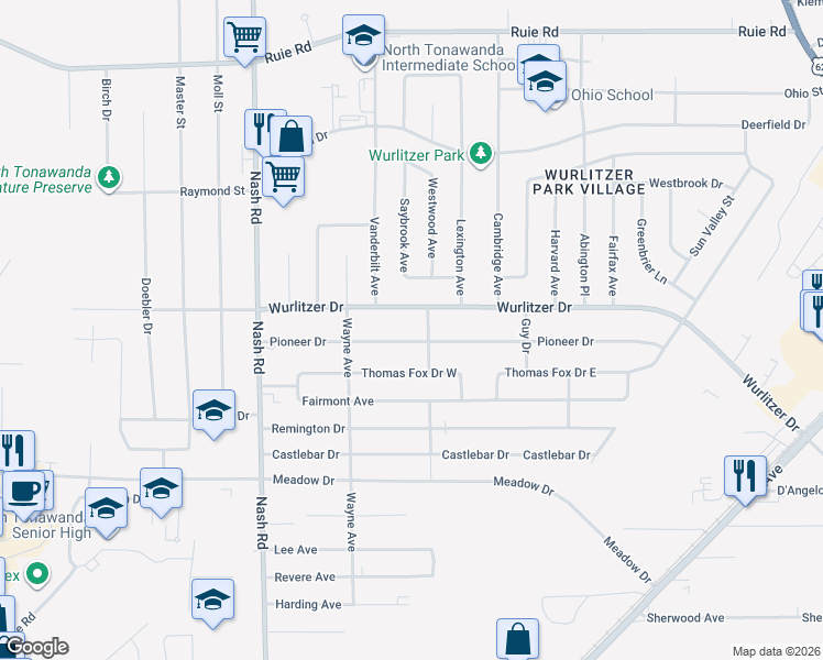 map of restaurants, bars, coffee shops, grocery stores, and more near 881 Pioneer Drive in North Tonawanda