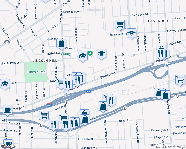 map of restaurants, bars, coffee shops, grocery stores, and more near 1455-59 Burnet Avenue in Syracuse