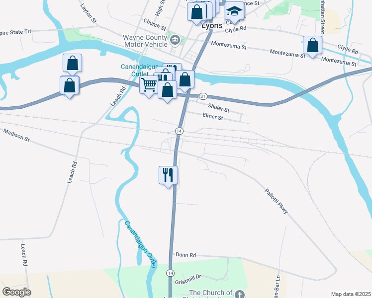 map of restaurants, bars, coffee shops, grocery stores, and more near 14-16 Franklin Street in Lyons