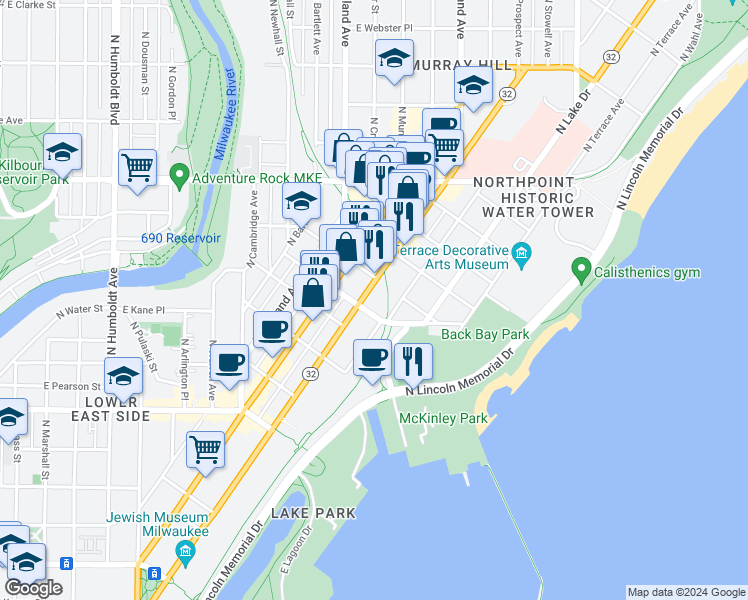 map of restaurants, bars, coffee shops, grocery stores, and more near 1920R East Lafayette Place in Milwaukee