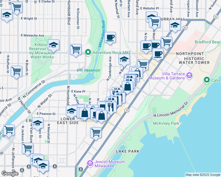 map of restaurants, bars, coffee shops, grocery stores, and more near 1864 North Cambridge Avenue in Milwaukee