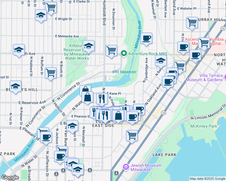 map of restaurants, bars, coffee shops, grocery stores, and more near 1131 East Kane Place in Milwaukee