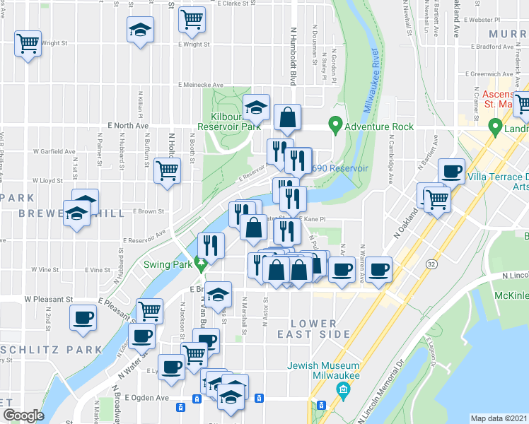 map of restaurants, bars, coffee shops, grocery stores, and more near 1888 North Water Street in Milwaukee