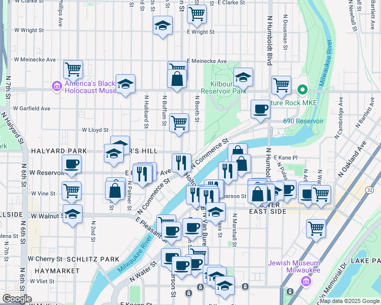 map of restaurants, bars, coffee shops, grocery stores, and more near 522 East Glover Avenue in Milwaukee