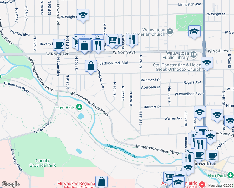 map of restaurants, bars, coffee shops, grocery stores, and more near 1937 North 86th Street in Wauwatosa