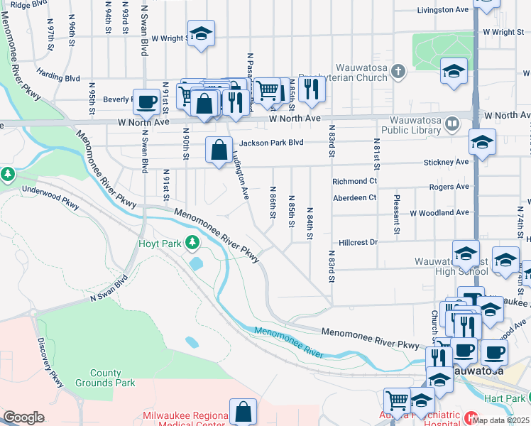 map of restaurants, bars, coffee shops, grocery stores, and more near 1937 North 86th Street in Wauwatosa
