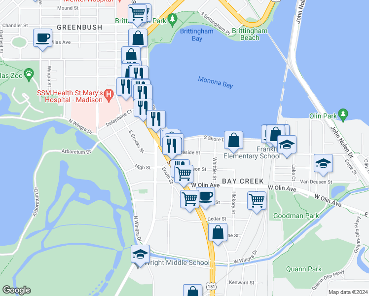 map of restaurants, bars, coffee shops, grocery stores, and more near 833 West Lakeside Street in Madison
