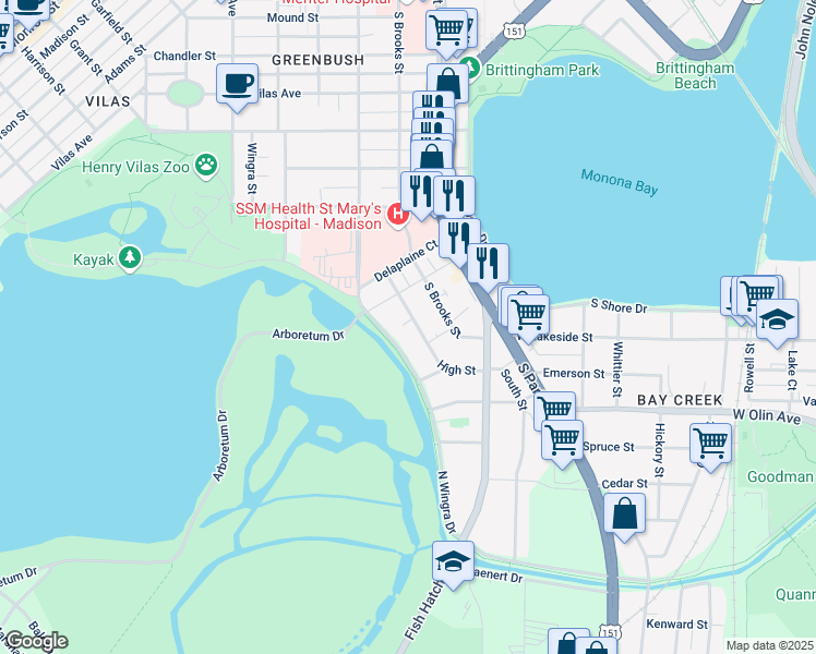 map of restaurants, bars, coffee shops, grocery stores, and more near 930 High Street in Madison