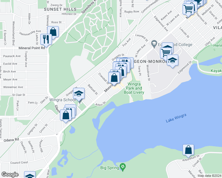 map of restaurants, bars, coffee shops, grocery stores, and more near 2821 Monroe Street in Madison