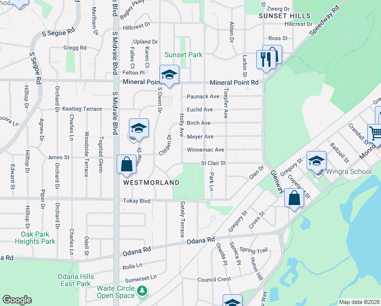 map of restaurants, bars, coffee shops, grocery stores, and more near 4126 Saint Clair Street in Madison