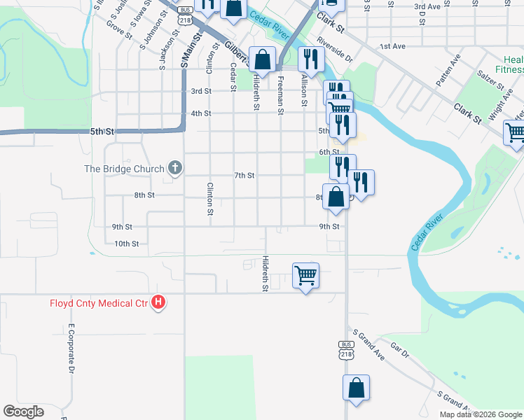 map of restaurants, bars, coffee shops, grocery stores, and more near 9TH Lane Street in Charles City