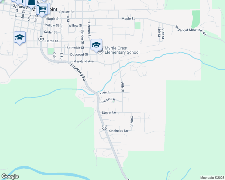 map of restaurants, bars, coffee shops, grocery stores, and more near 1704 View Street in Myrtle Point