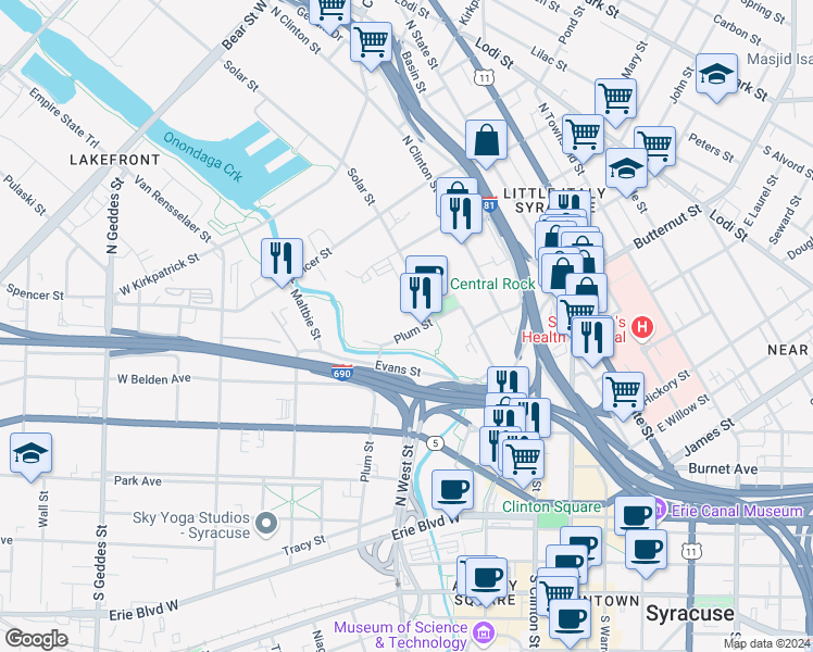 map of restaurants, bars, coffee shops, grocery stores, and more near 525 Plum Street in Syracuse