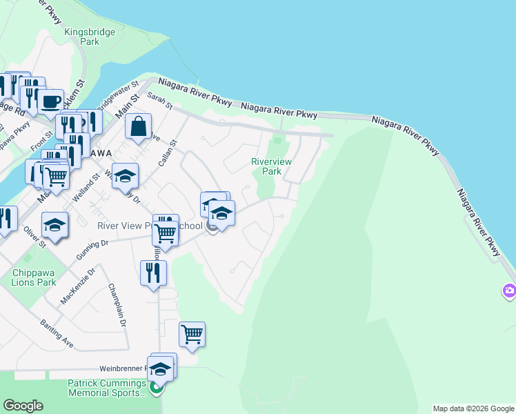 map of restaurants, bars, coffee shops, grocery stores, and more near 3162 Cattell Drive in Niagara Falls