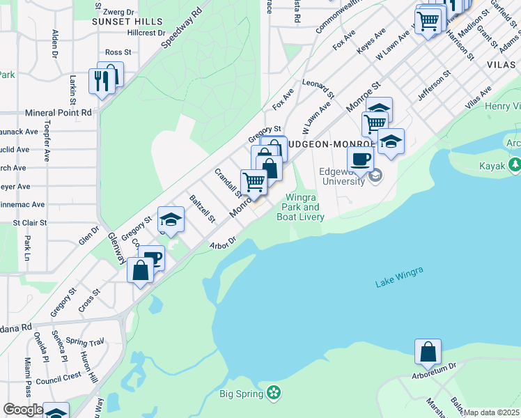 map of restaurants, bars, coffee shops, grocery stores, and more near 2718 Arbor Drive in Madison