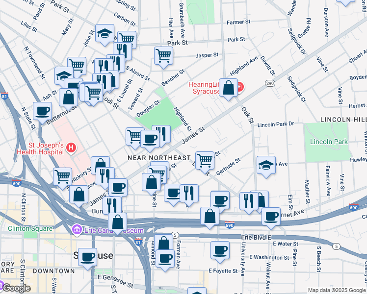 map of restaurants, bars, coffee shops, grocery stores, and more near 830 James Street in Syracuse