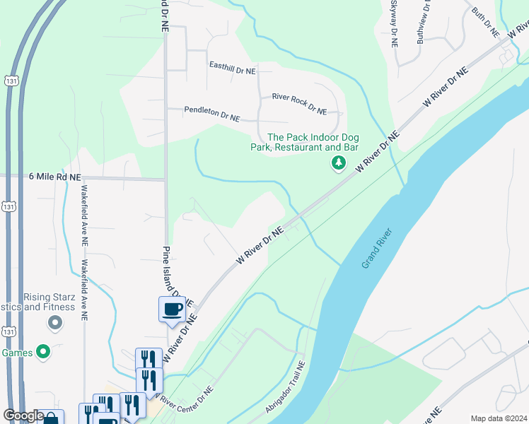 map of restaurants, bars, coffee shops, grocery stores, and more near 5151 West River Road Northeast in Comstock Park