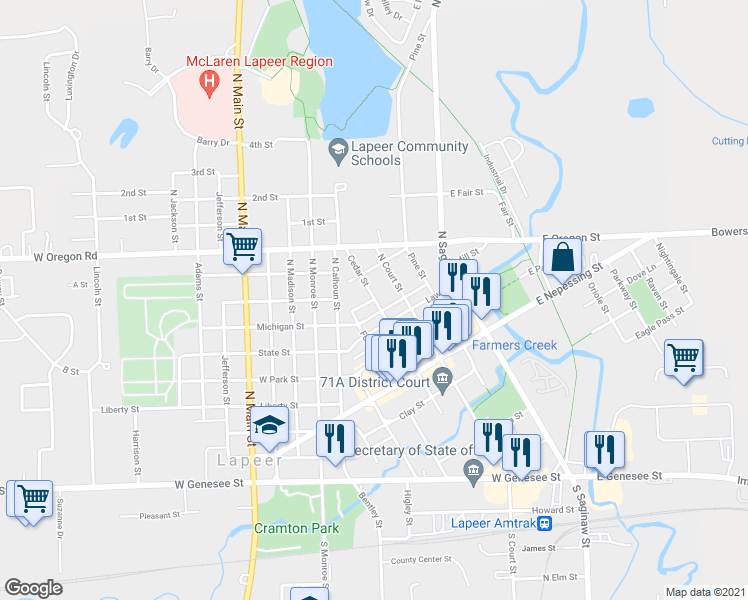 map of restaurants, bars, coffee shops, grocery stores, and more near 699 Cedar Street in Lapeer
