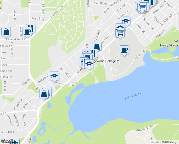 map of restaurants, bars, coffee shops, grocery stores, and more near 2718 Arbor Drive in Madison