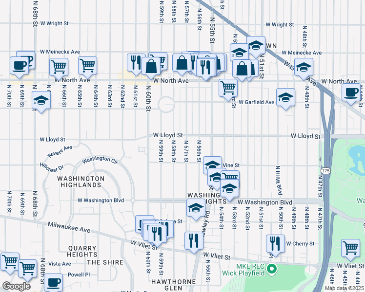 map of restaurants, bars, coffee shops, grocery stores, and more near 1922 North 57th Street in Milwaukee