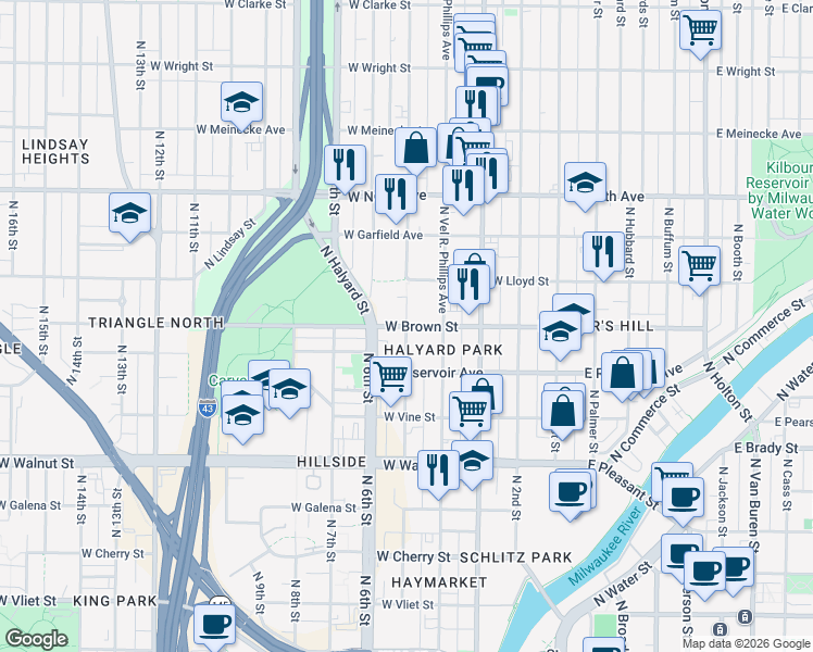 map of restaurants, bars, coffee shops, grocery stores, and more near North 5th Street & West Brown Street in Milwaukee