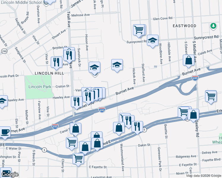 map of restaurants, bars, coffee shops, grocery stores, and more near in Syracuse