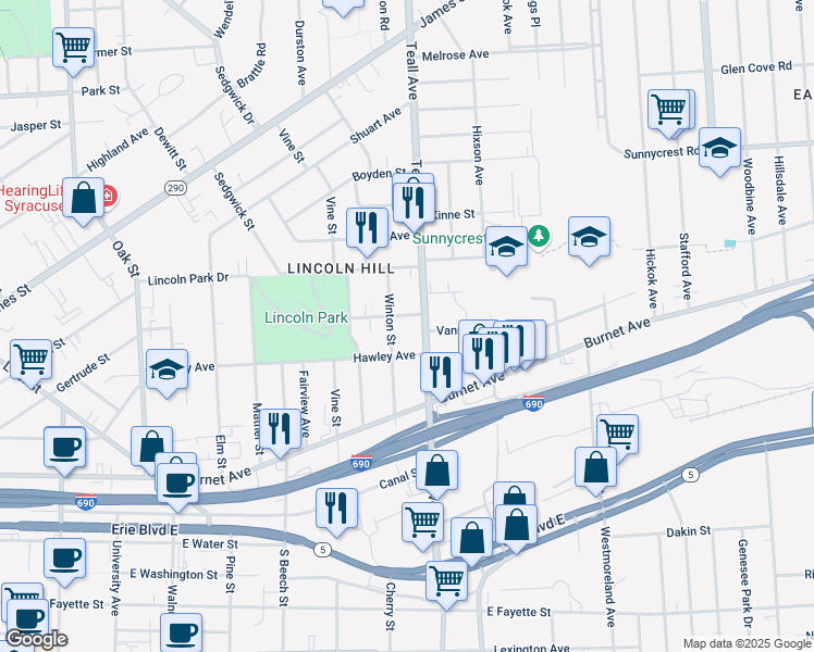 map of restaurants, bars, coffee shops, grocery stores, and more near 403 Winton Street in Syracuse