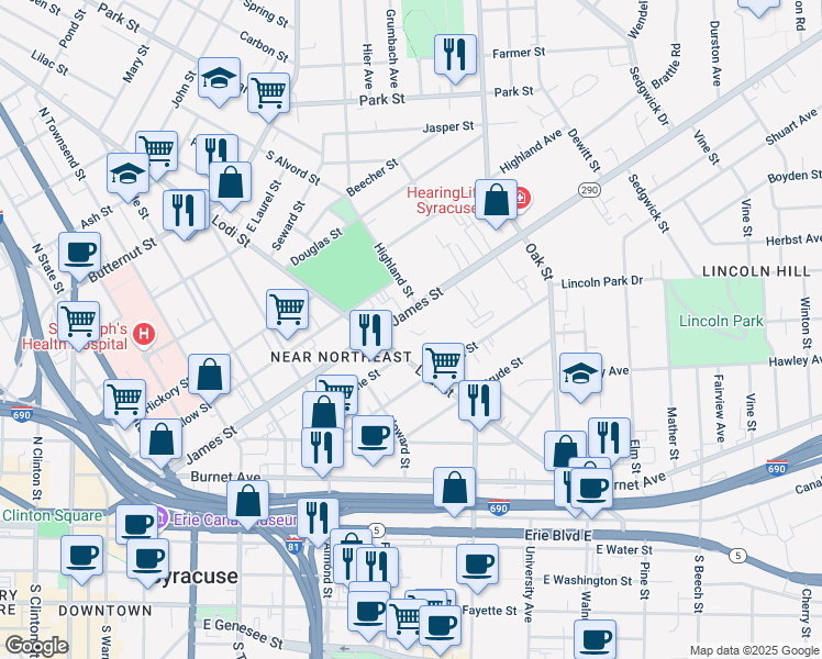 map of restaurants, bars, coffee shops, grocery stores, and more near 700 Lodi Street in Syracuse