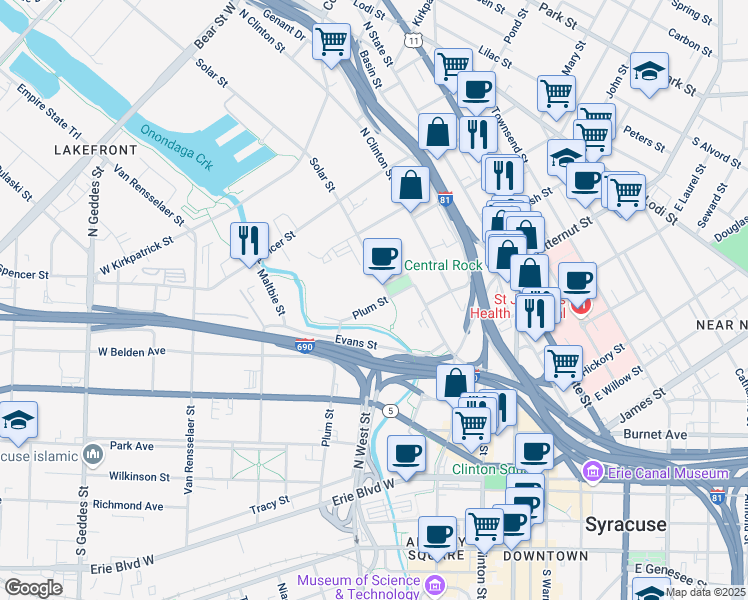 map of restaurants, bars, coffee shops, grocery stores, and more near 516 Plum Street in Syracuse