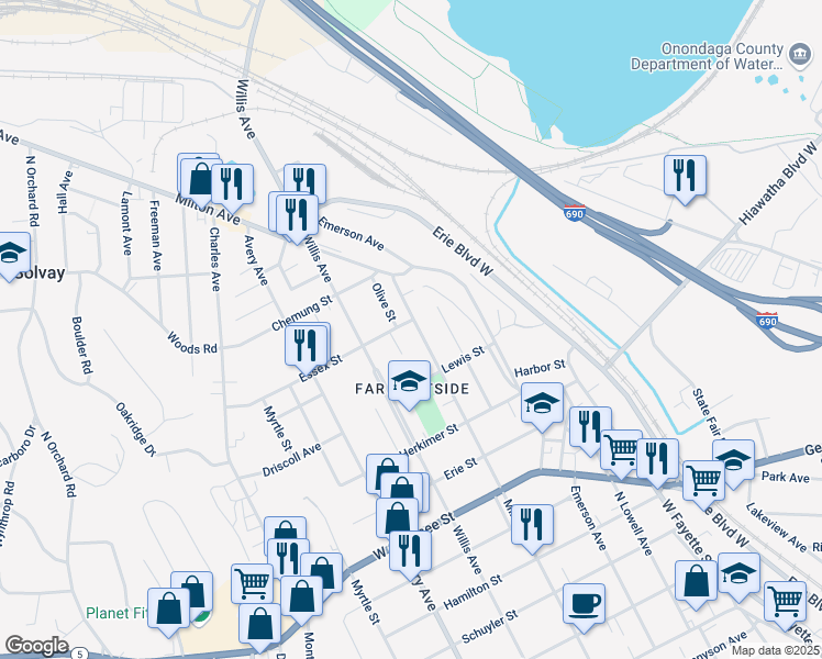 map of restaurants, bars, coffee shops, grocery stores, and more near 915 Milton Avenue in Syracuse