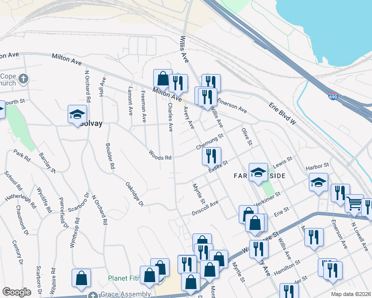 map of restaurants, bars, coffee shops, grocery stores, and more near 411 Chemung Street in Syracuse