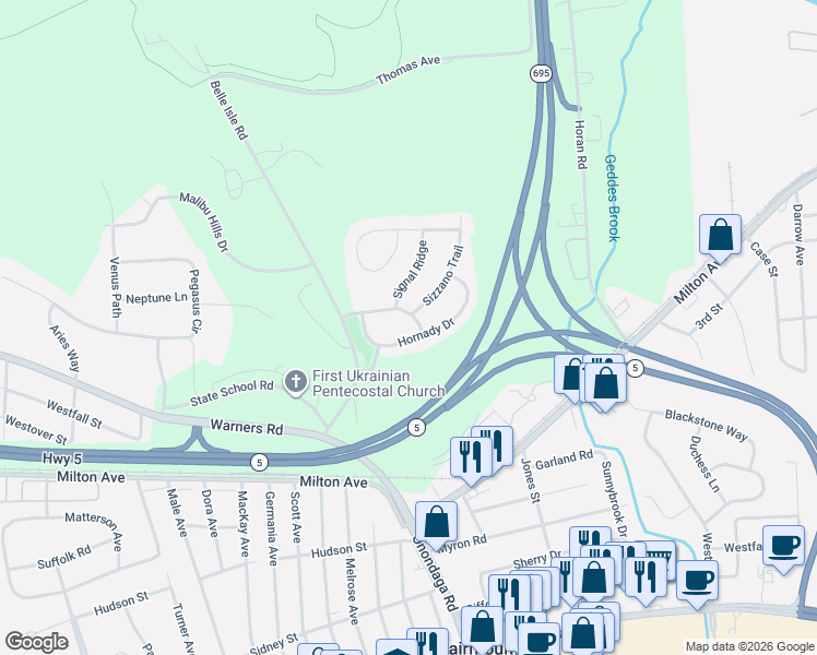 map of restaurants, bars, coffee shops, grocery stores, and more near 201 Hornady Drive in Syracuse