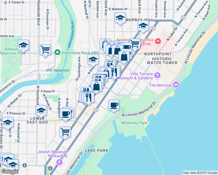 map of restaurants, bars, coffee shops, grocery stores, and more near 1959 North Prospect Avenue in Milwaukee