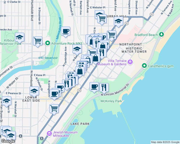 map of restaurants, bars, coffee shops, grocery stores, and more near 1959 North Prospect Avenue in Milwaukee