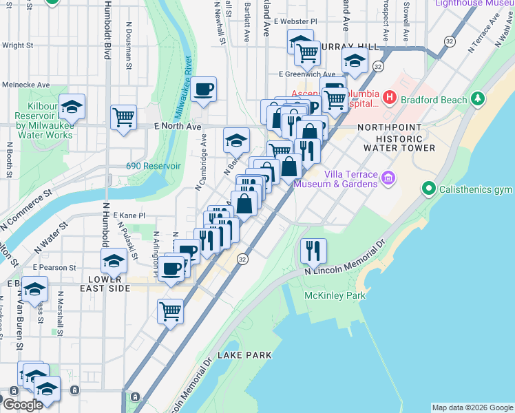 map of restaurants, bars, coffee shops, grocery stores, and more near 1959 North Prospect Avenue in Milwaukee