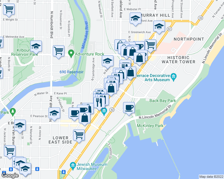 map of restaurants, bars, coffee shops, grocery stores, and more near in Milwaukee