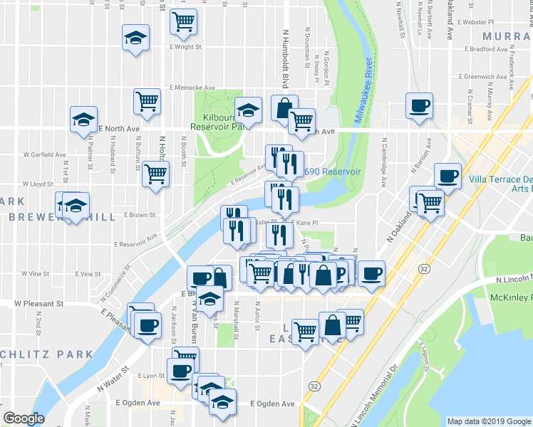 map of restaurants, bars, coffee shops, grocery stores, and more near 1871 North Humboldt Avenue in Milwaukee