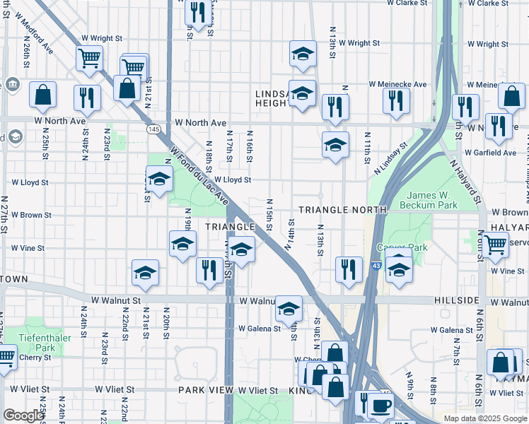 map of restaurants, bars, coffee shops, grocery stores, and more near 1932 North 15th Street in Milwaukee