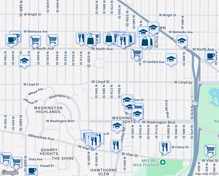 map of restaurants, bars, coffee shops, grocery stores, and more near 1922 North 57th Street in Milwaukee
