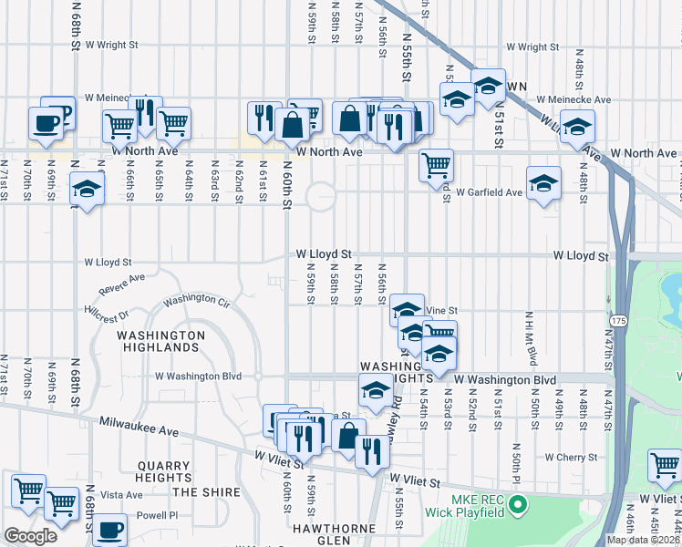 map of restaurants, bars, coffee shops, grocery stores, and more near 1927 North 58th Street in Milwaukee