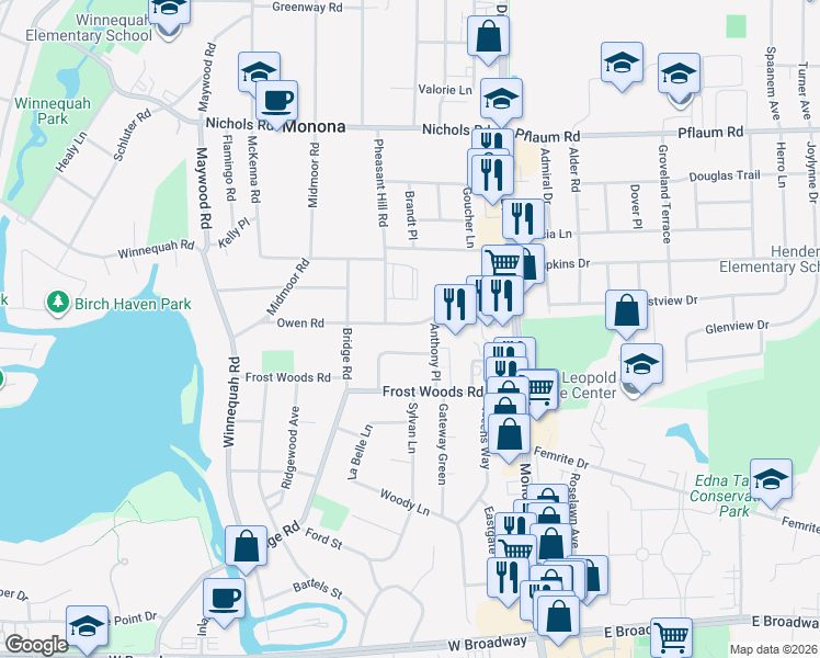 map of restaurants, bars, coffee shops, grocery stores, and more near 305 Cardinal Crescent in Monona