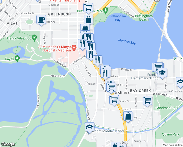 map of restaurants, bars, coffee shops, grocery stores, and more near 1010 South Brooks Street in Madison