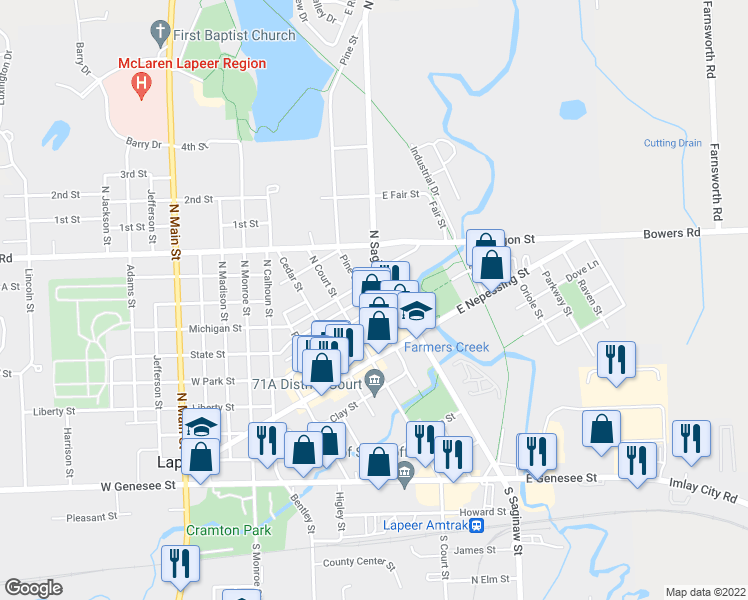 map of restaurants, bars, coffee shops, grocery stores, and more near 546 Pine Street in Lapeer
