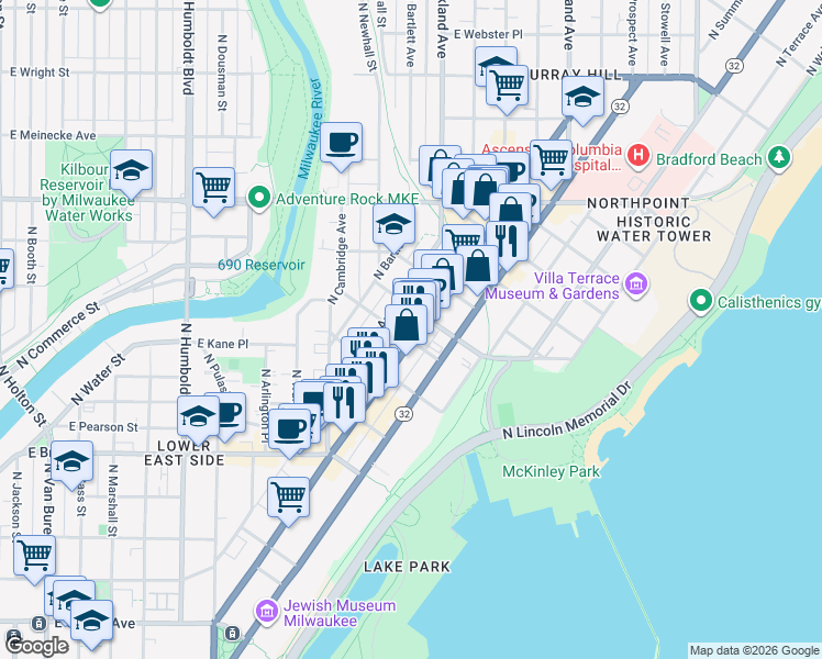 map of restaurants, bars, coffee shops, grocery stores, and more near 1632 East Irving Place in Milwaukee