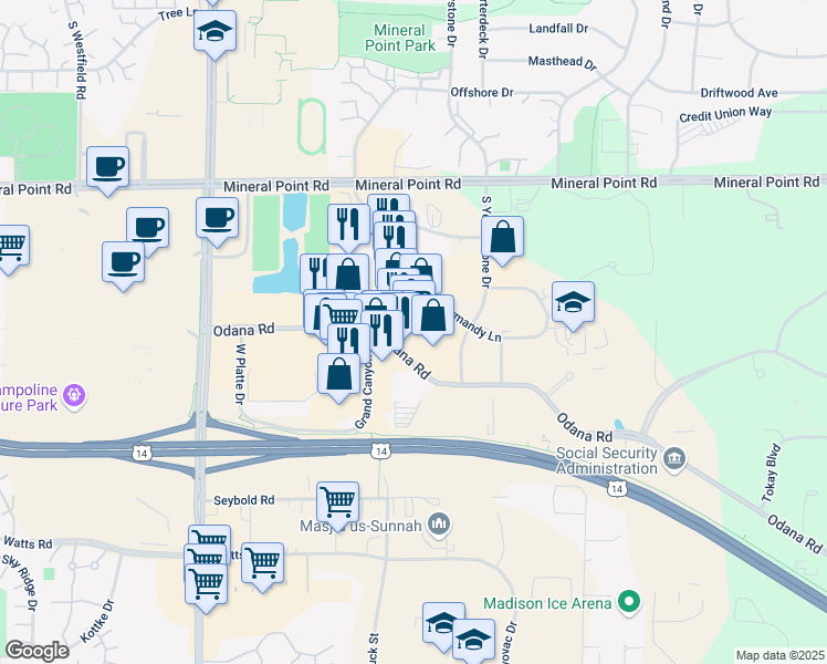 map of restaurants, bars, coffee shops, grocery stores, and more near 6644 Odana Road in Madison