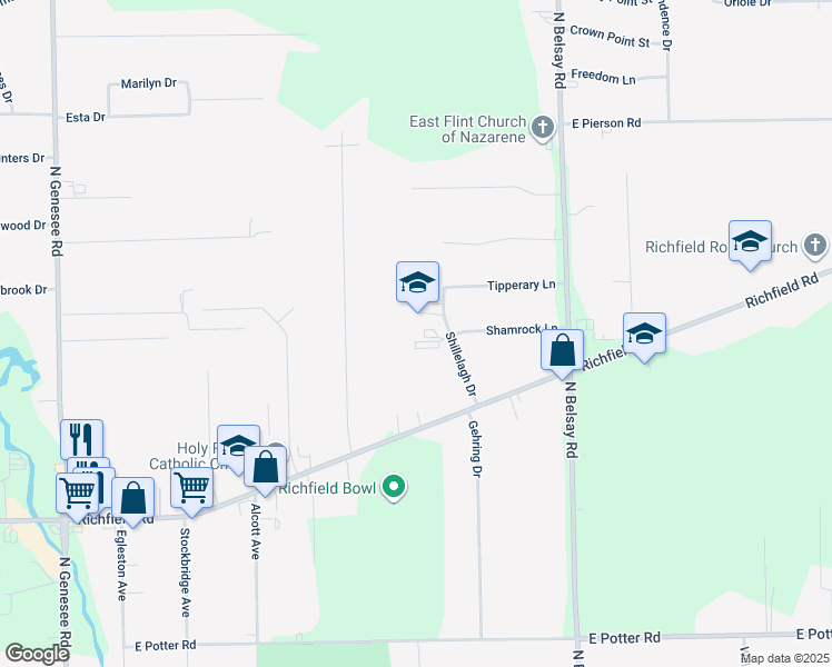 map of restaurants, bars, coffee shops, grocery stores, and more near 3333 Shillelagh Drive in Flint