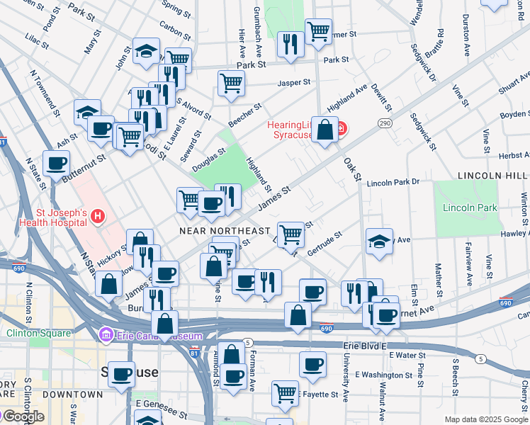 map of restaurants, bars, coffee shops, grocery stores, and more near 830 James Street in Syracuse